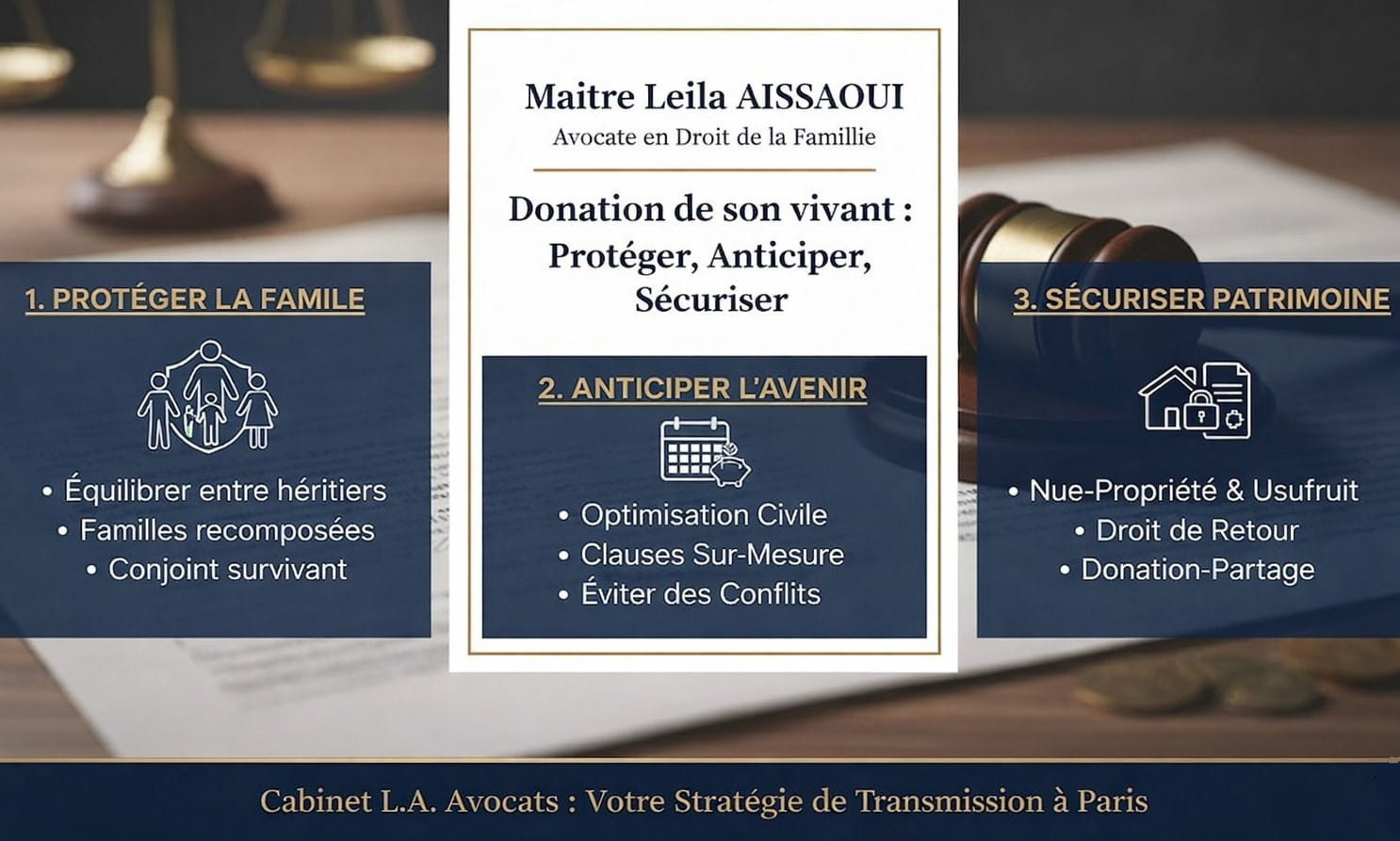 Infographie du cabinet d'avocat Leïla Aïssaoui à Paris : donation de son vivant, stratégie pour protéger la famille, anticiper la transmission et sécuriser le patrimoine immobilier et familial