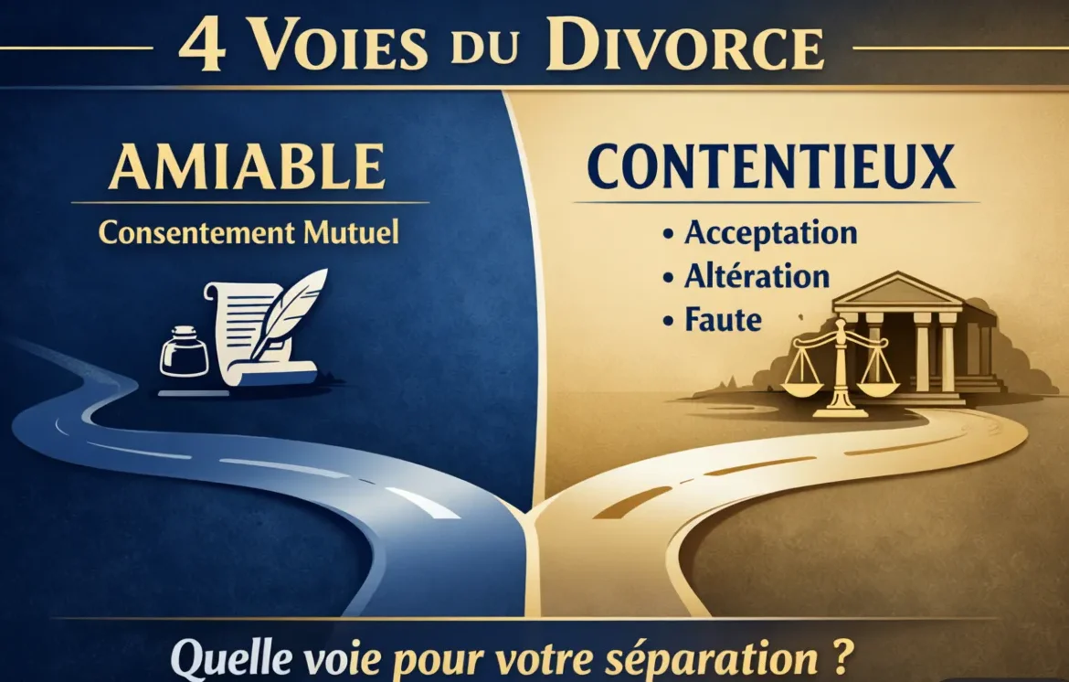 Infographie imagée présentant la voix des 4 types de procédure de divorce en France : amiable et contentieux.