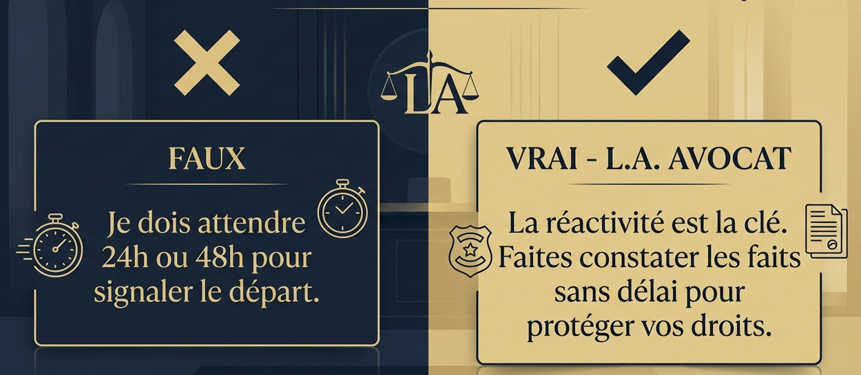 Infographie explicative des notions répandues fausses sur le délai de constatation du départ face aux affirmations fiables du cabinet d’avocat de Maître AISSAOUI.