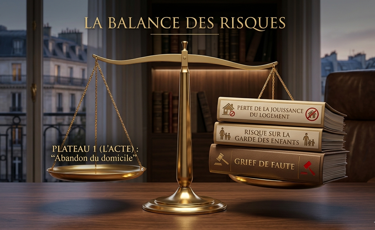  Image d’une balance juridique démontrant le lourd impact des conséquences sur le divorce face à un abandon de domicile avéré.