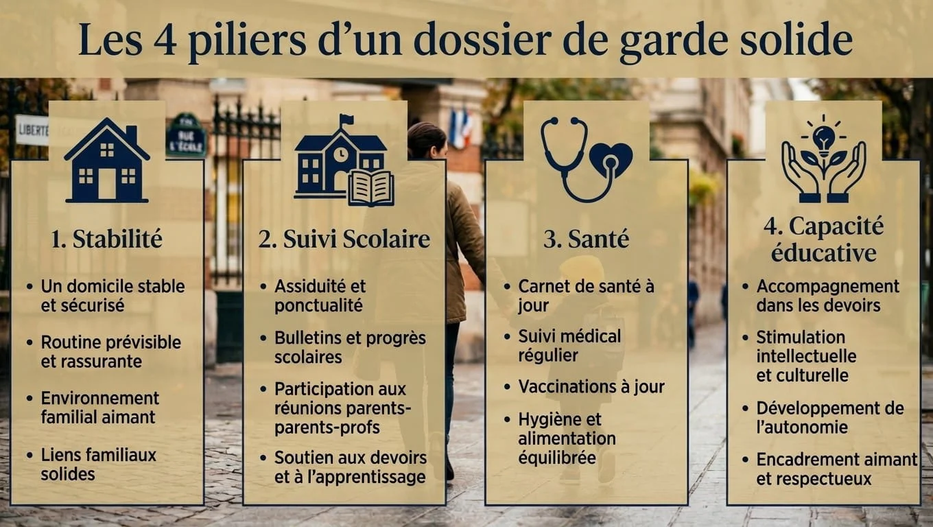 Infographie présentant les 4 piliers d'un dossier solide : stabilité, suivi scolaire, santé et capacité éducative.
