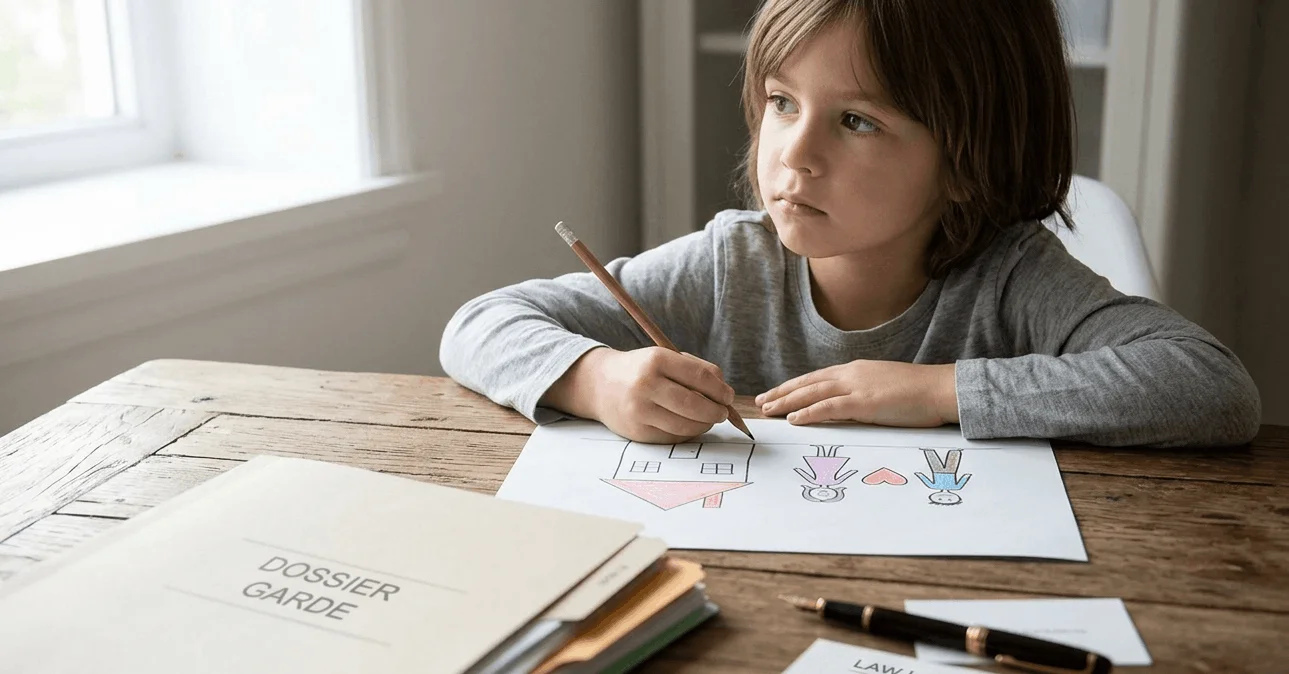 Enfant qui dessine sa famille à table à côté d'un dossier de demande de garde.