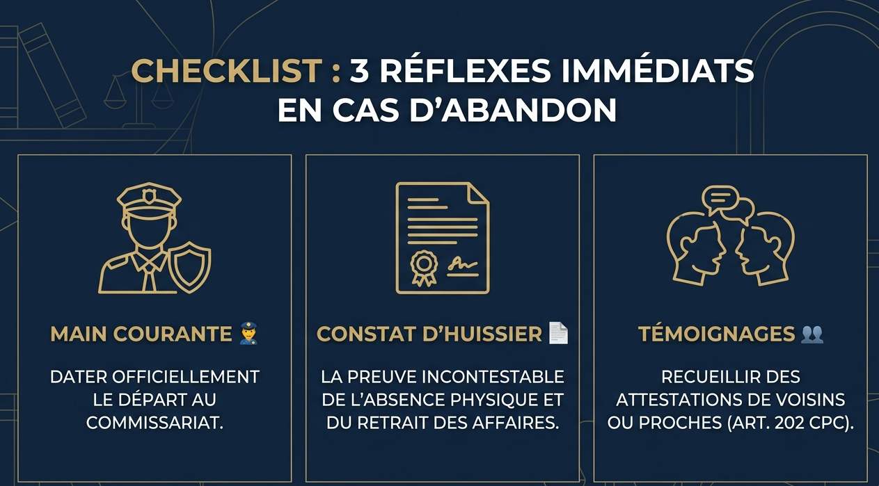 Infographie détaillant les conséquences juridiques d'un abandon du domicile conjugal lors d'un divorce à Paris.