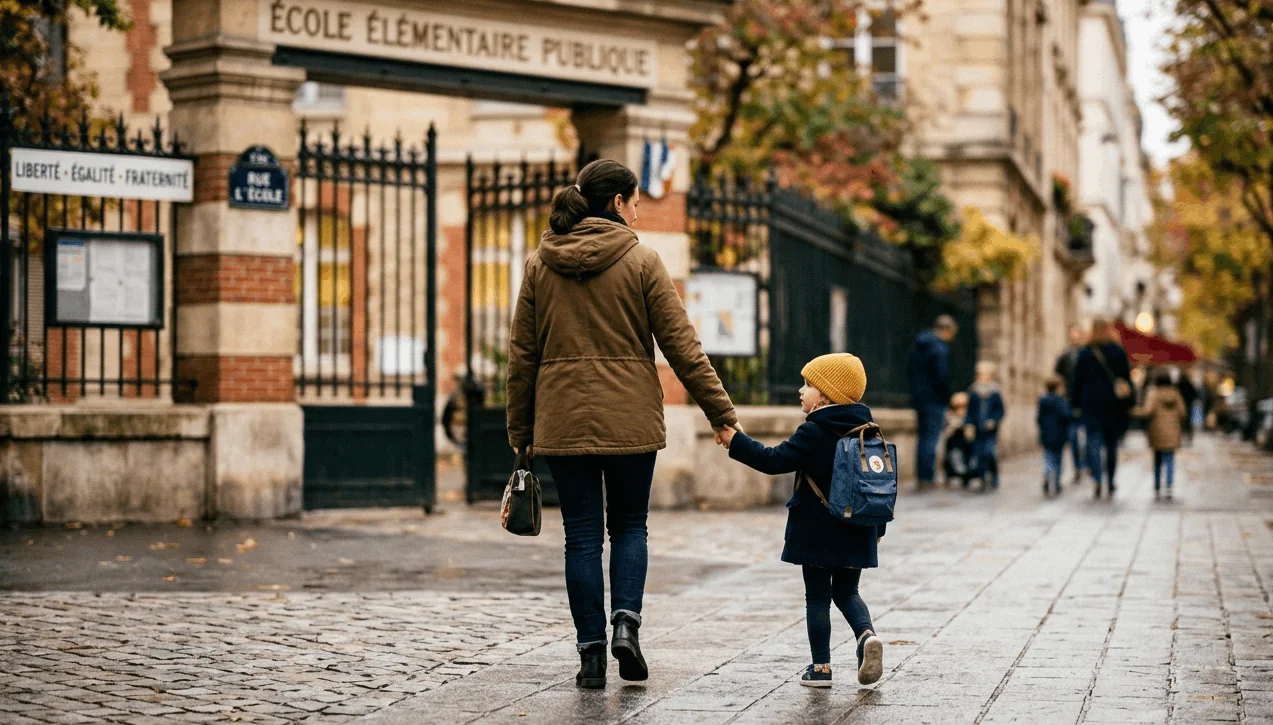 Une mère accompagne son enfant devant une école élémentaire publique en France.
