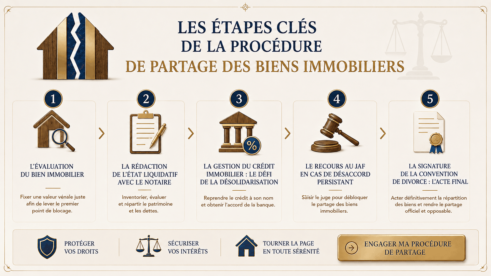 Infographie en 5 étapes clés du partage des biens immobiliers en cas de divorce