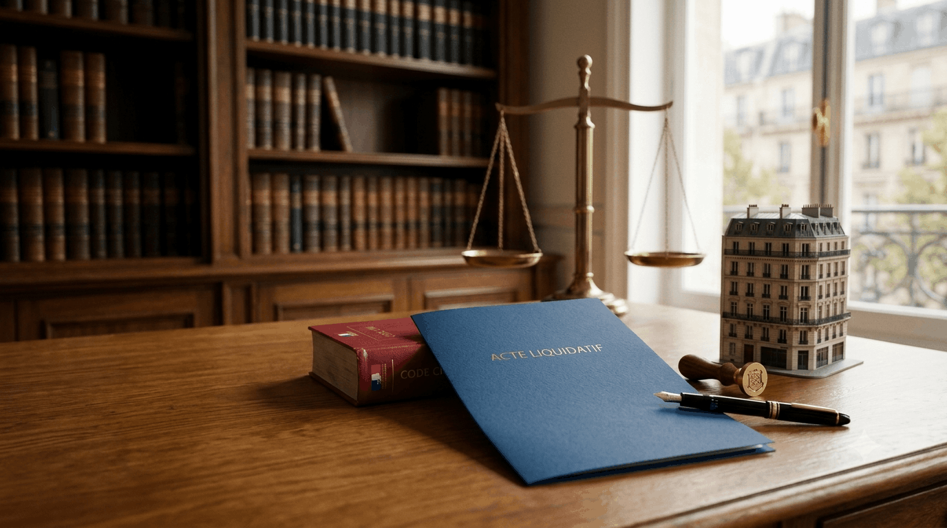 Dossier d'acte liquidatif et Code civil sur le bureau du cabinet d'avocats